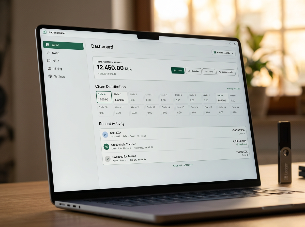 Kadena Wallet desktop app showing KDA balance dashboard with green portfolio chart, alongside a Ledger hardware wallet on a wooden desk